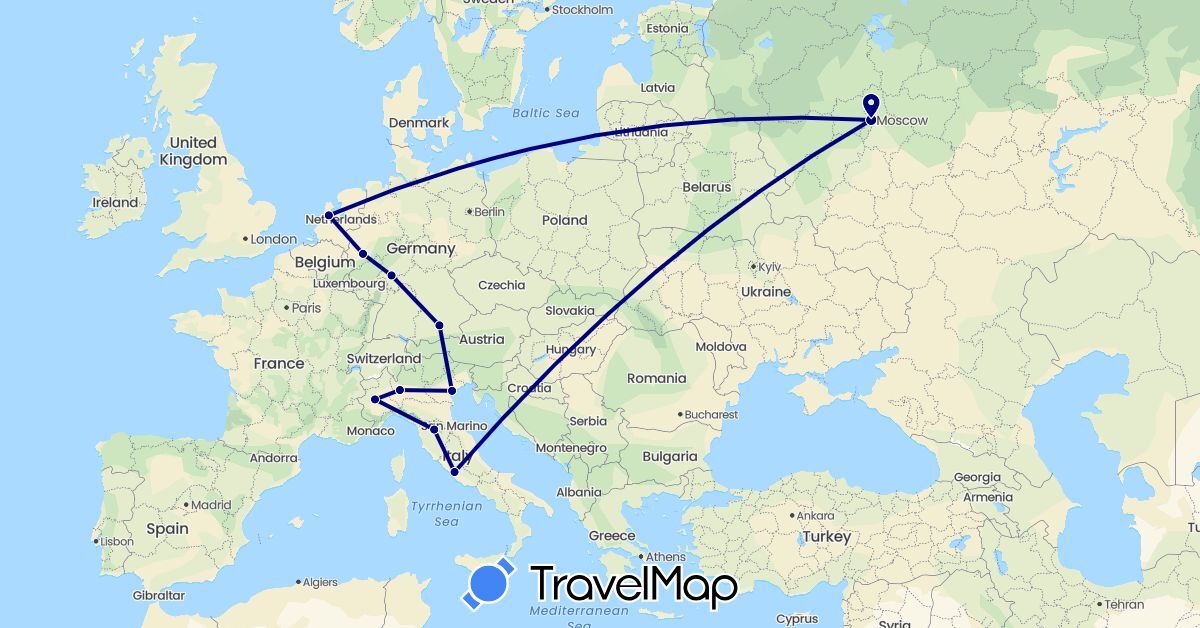 TravelMap itinerary: driving in Germany, Italy, Netherlands, Russia (Europe)